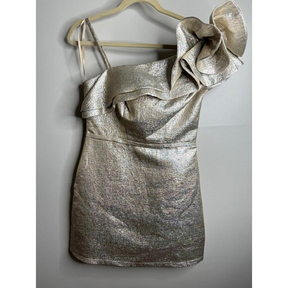 Mac Duggal 55380 Ruffle Neckline Gold Metallic Mini Dress in Oyster Size 8 NWT - Picture 4 of 6